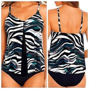 Amoressa Swimwear Womens Blue Green Yukon Rio Swing Tankini Swimsuit Set Size 14